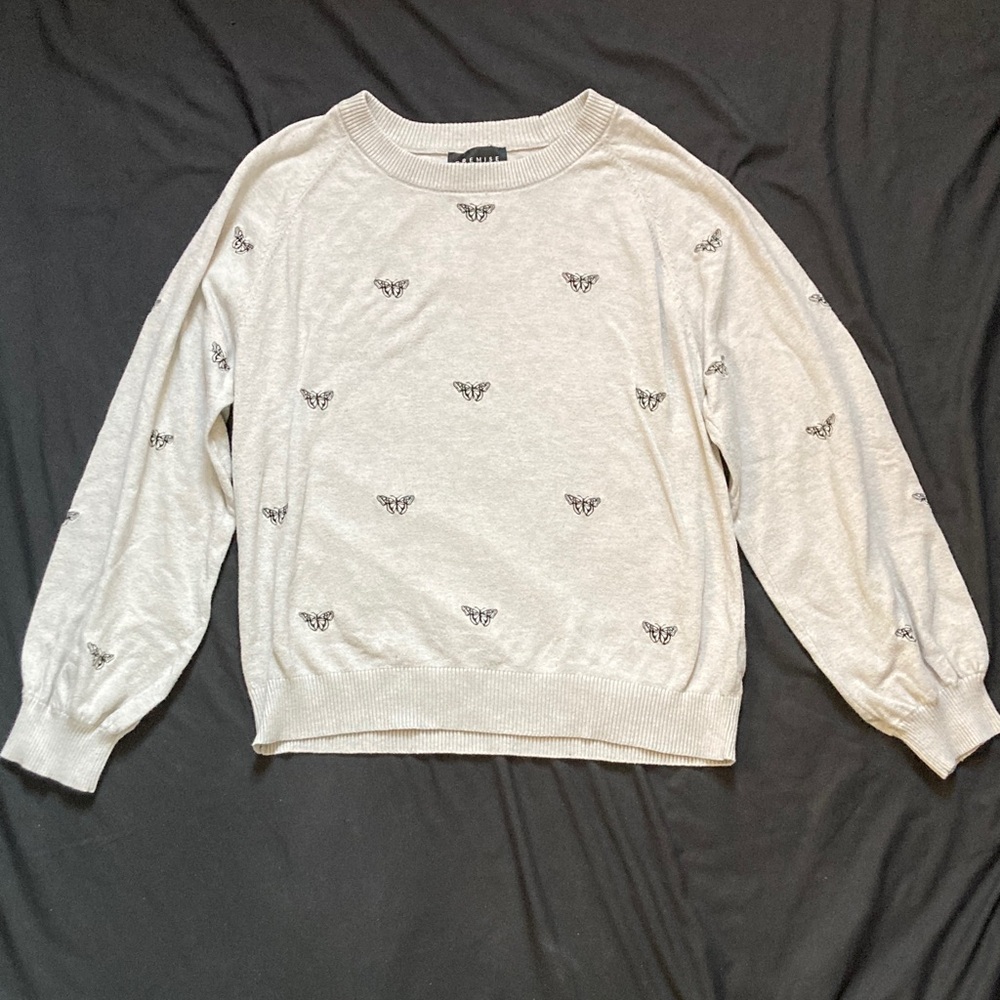 Premise Gray Balloon Sleeve Sweater Black Embroidered Butterfly Detail Size XL